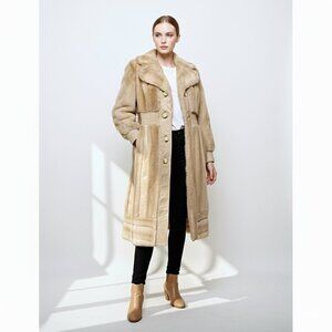 Lilli Ann‎ Vintage Faux Fur Faux Leather Single Breasted Trench Coat Tan Women M